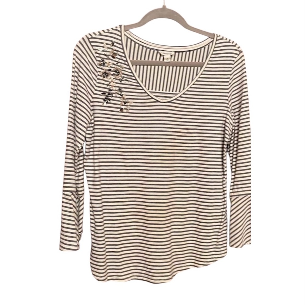 Ladies Sz Medium Navy Blue & White Striped Top